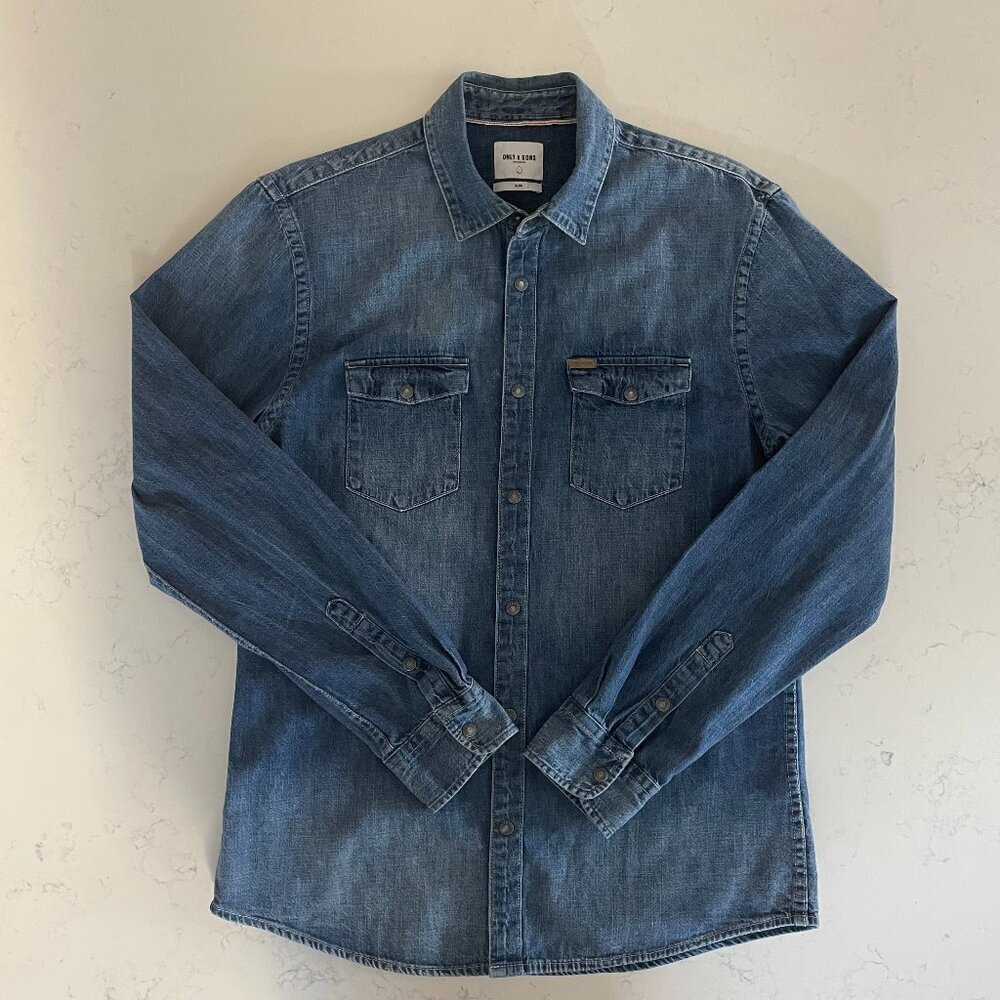 ONLY & SONS Slim TALIK LS Western Denim Shirt Light Med Wash Snap Close Blue M